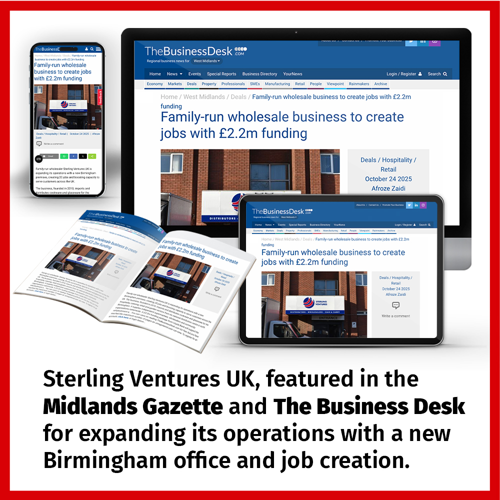 Sterling Ventures UK, featured in the Midlands Gazette and The Business Desk for expanding its operations with a new Birmingham office and job creation.