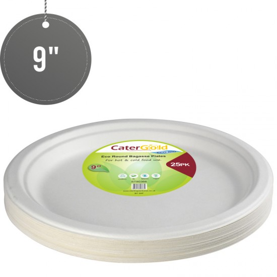 Biodegradeable Bagasse Plates Recyclable 9" 25pk