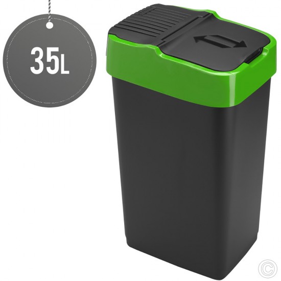 Plastic Recyling Bin With Double Swing Lid 35L With Green Lid BINS & BUCKETS image
