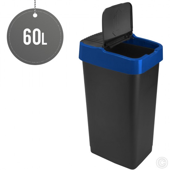 Plastic Recyling Bin With Double Swing Lid 60L With Blue Lid image