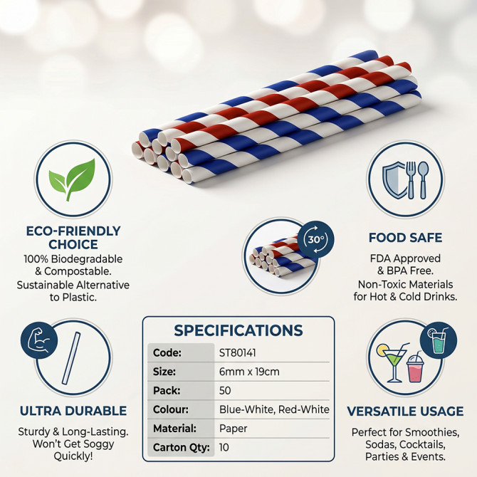 Biodegradable Paper Straws 6MM x 190MM 50pack