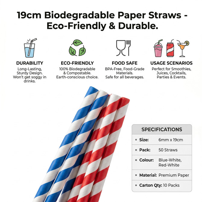 Biodegradable Paper Straws 6MM x 190MM 50pack