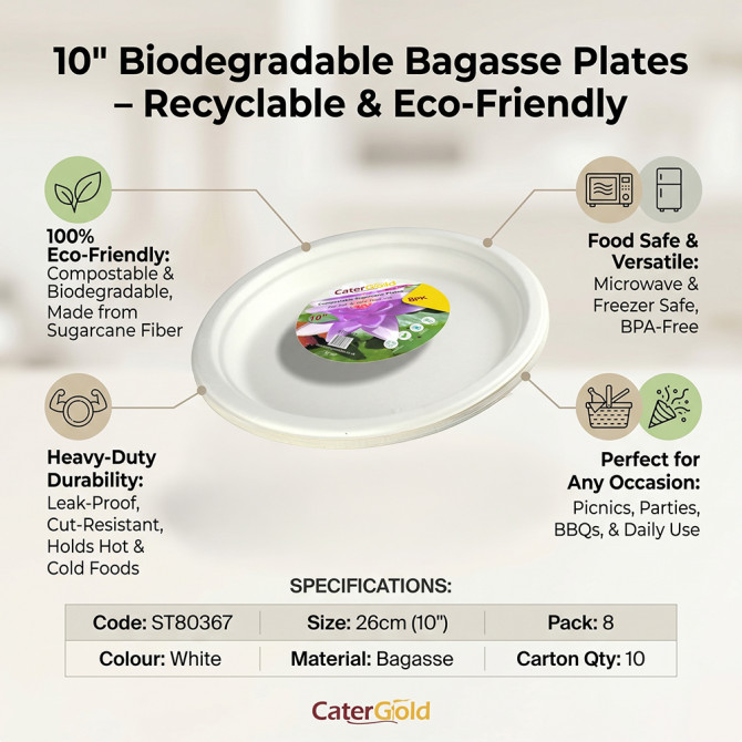 Biodegradeable Bagasse Plates Recyclable 10" 8pk