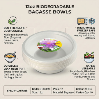 Biodegradeable Bagasse Bowl Recyclable 12oz 15pack