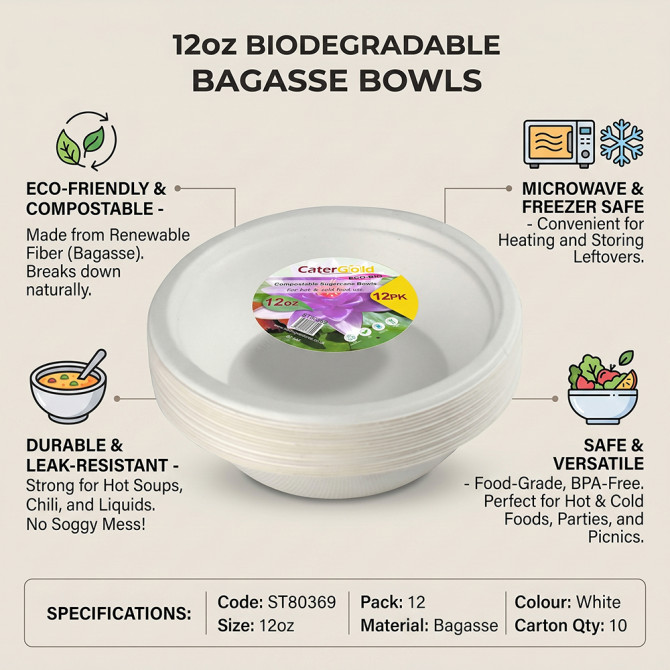 Biodegradeable Bagasse Bowl Recyclable 12oz 15pack