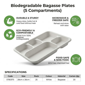 Biodegradeable Bagasse Plates With 5 Compartments 28x26cm