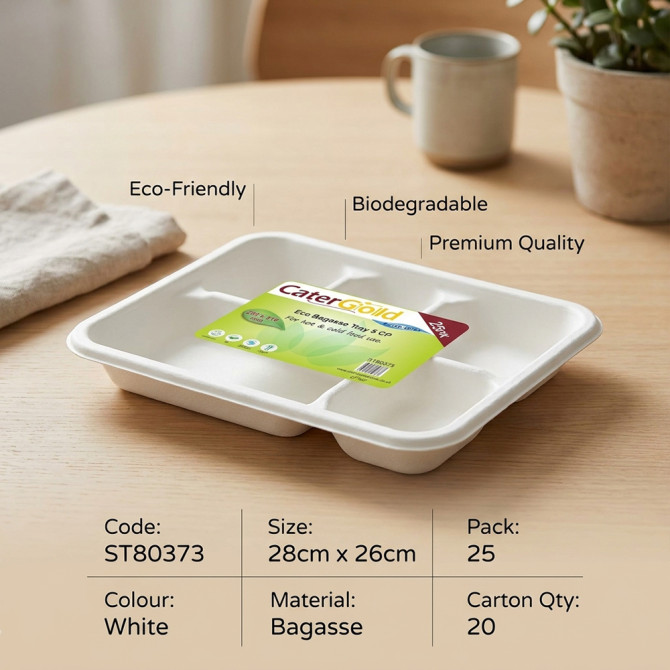 Biodegradeable Bagasse Plates With 5 Compartments 28x26cm