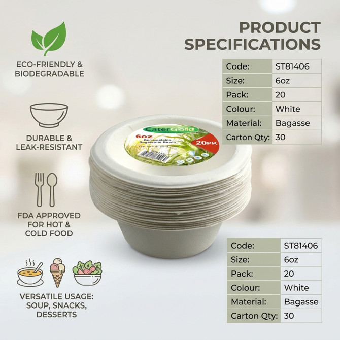 Biodegradeable Bagasse Bowl Recyclable 6oz 20pack