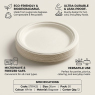 Biodegradeable Bagasse Plates Recyclable 10" 50PACK