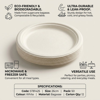 Biodegradeable Bagasse Plates Recyclable 10" 50PACK