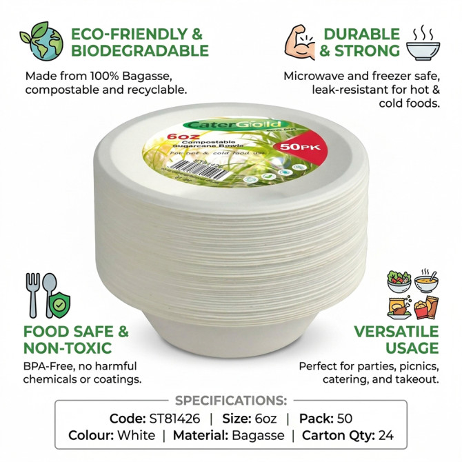 Biodegradeable Bagasse Bowl Recyclable 6oz 50pack BAGASSE DISPOSABLE image