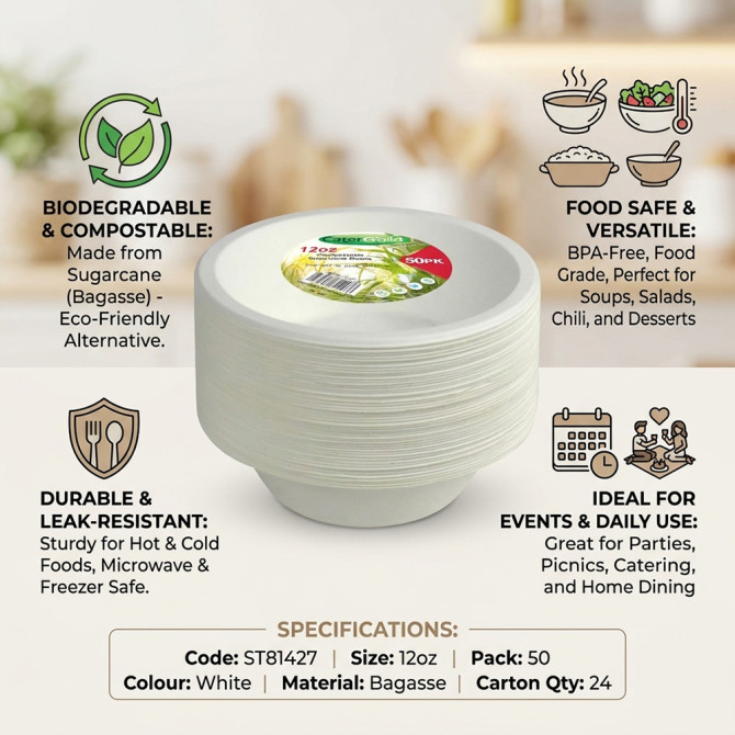 Biodegradeable Bagasse Bowl Recyclable 12oz 50pack BAGASSE DISPOSABLE image