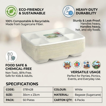 Biodegradeable Bagasse Plates Recyclable 6 Compartment 50pack