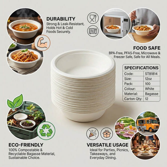 Biodegradeable Bagasse Bowls Recyclable 12oz 100 Pack image