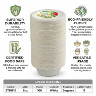 Biodegradeable Bagasse Bowls Recyclable 6oz 100 Pack