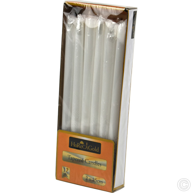 HorecaGold Tapered Candles White 2x25cm 12pack (4 Hrs Burn Time ) image