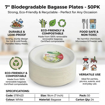 Biodegradeable Bagasse Plates Recyclable 7" 50PACK