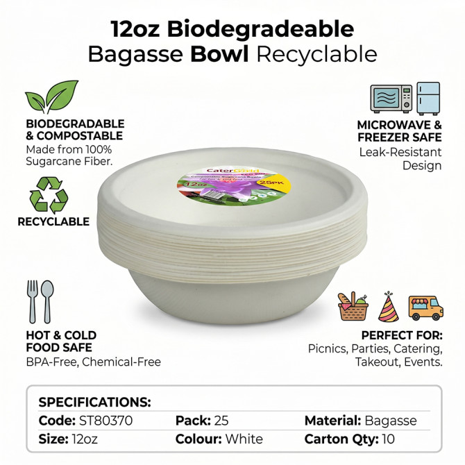 Biodegradeable Bagasse Bowl Recyclable 12oz 25pack BAGASSE DISPOSABLE image