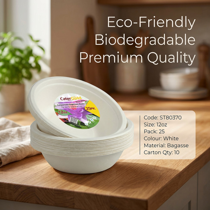 Biodegradeable Bagasse Bowl Recyclable 12oz 25pack BAGASSE DISPOSABLE image