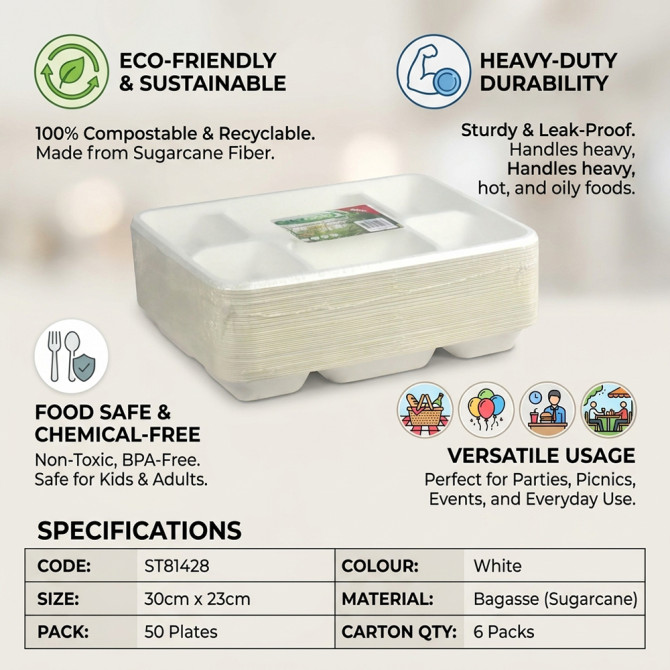 Biodegradeable Bagasse Plates Recyclable 6 Compartment 50pack image