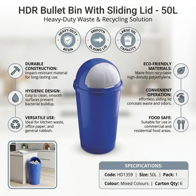HDR Bullet Bin With Sliding Lid for Waste, Rubbish, Paper Bin 50L BINS & BUCKETS image