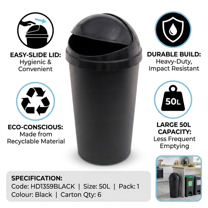 HDR Bullet Bin With Sliding Lid for Waste, Rubbish, Paper Bin 50L Black BINS & BUCKETS image