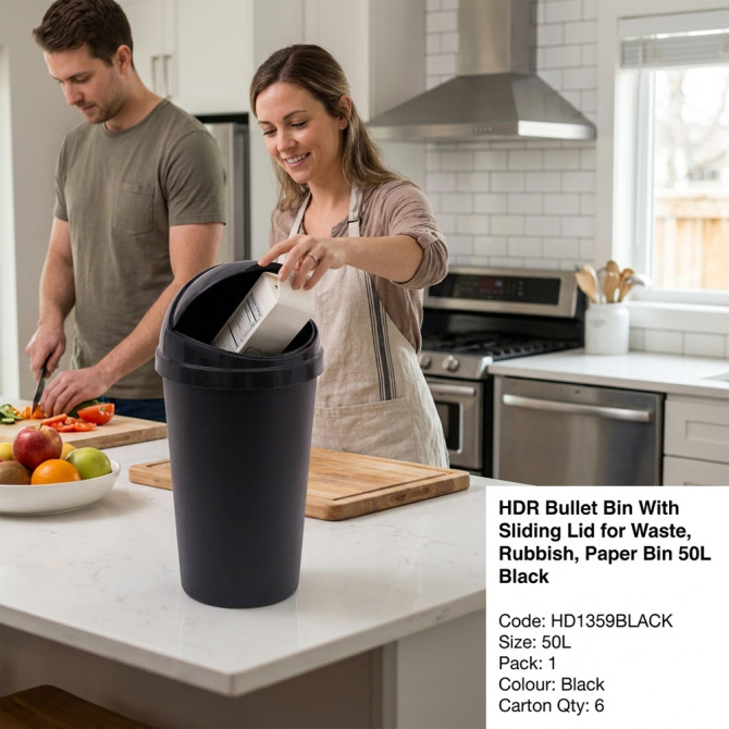 HDR Bullet Bin With Sliding Lid for Waste, Rubbish, Paper Bin 50L Black BINS & BUCKETS image