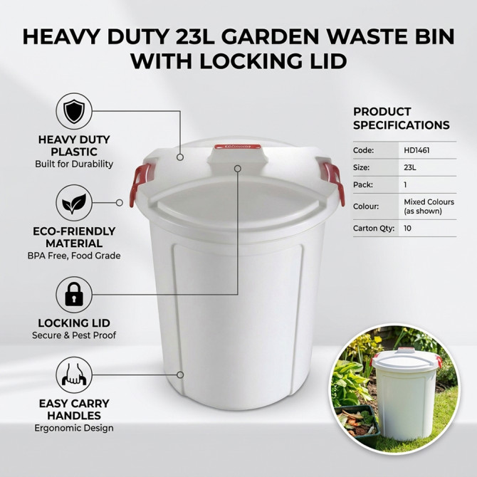 Heavy Duty Plastic Garden Waste Bin With Locking Lid 23L BINS & BUCKETS image