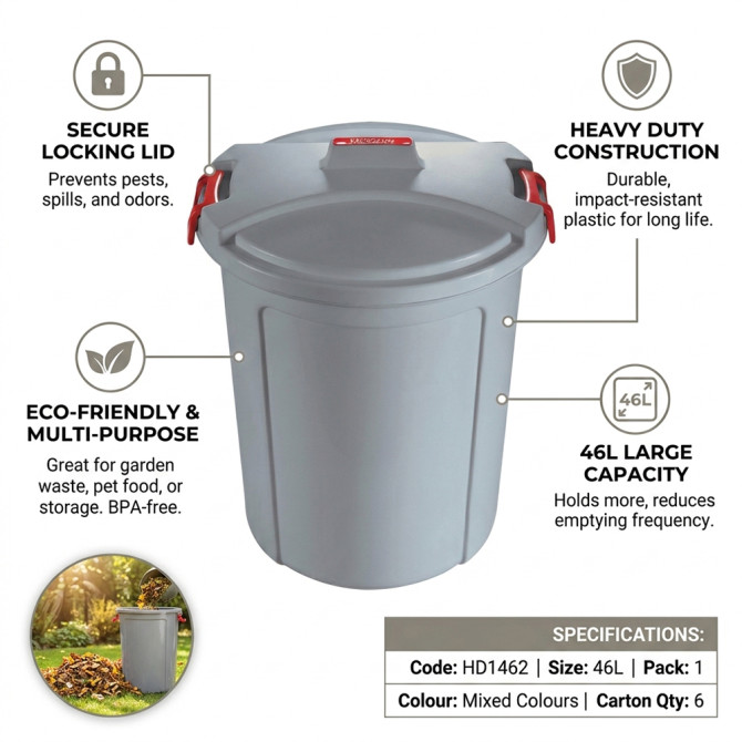 Heavy Duty Plastic Garden Waste Bin With Locking Lid 46L image