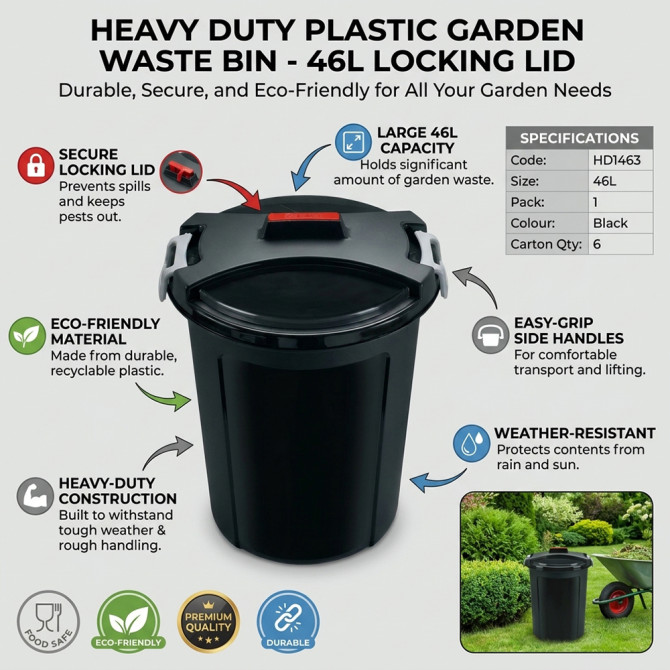 Heavy Duty Plastic Garden Waste Bin With Locking Lid 46L BINS & BUCKETS image