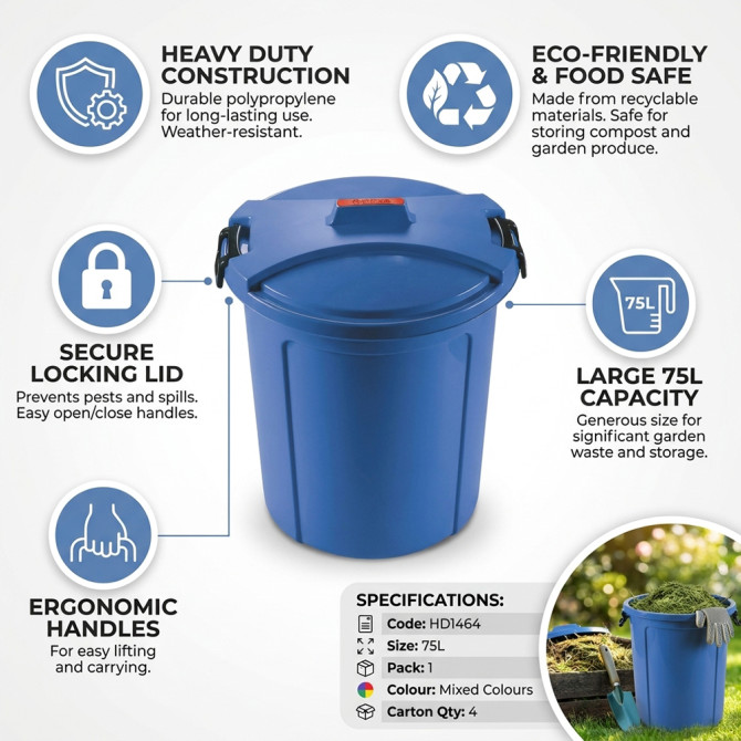 Heavy Duty Plastic Garden Waste Bin With Locking Lid 75L BINS & BUCKETS image