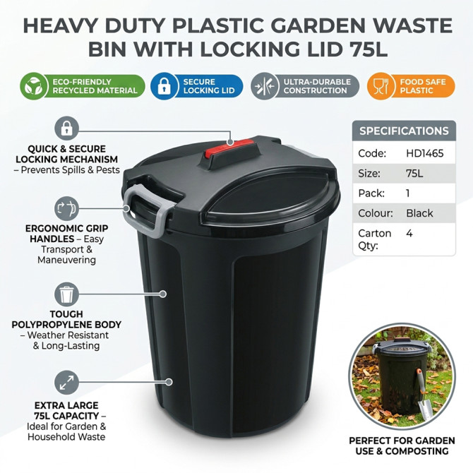 Heavy Duty Plastic Garden Waste Bin With Locking Lid 75L BINS & BUCKETS image