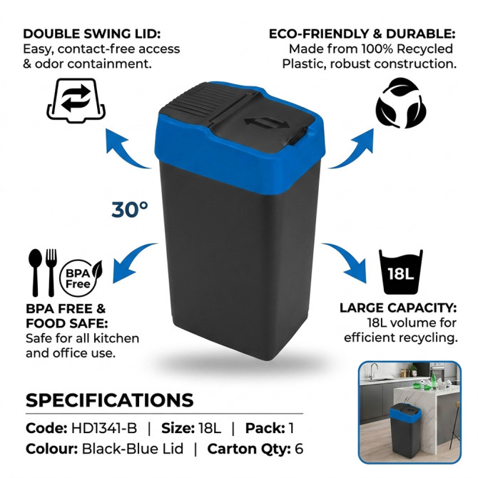 Plastic Recyling Bin With Double Swing Lid 18L With Blue Lid BINS & BUCKETS image
