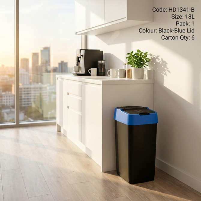 Plastic Recyling Bin With Double Swing Lid 18L With Blue Lid BINS & BUCKETS image