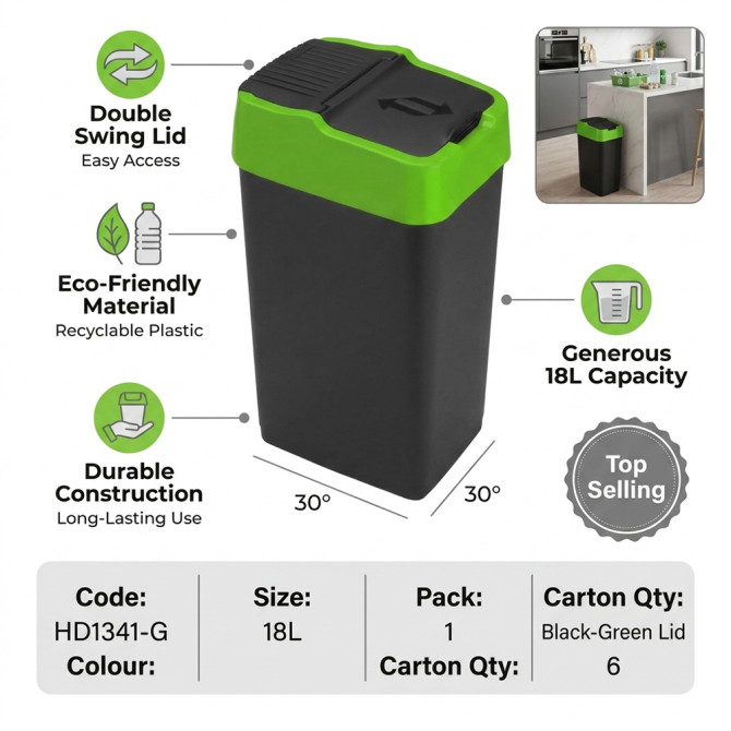Plastic Recyling Bin With Double Swing Lid 18L With Green Lid BINS & BUCKETS image