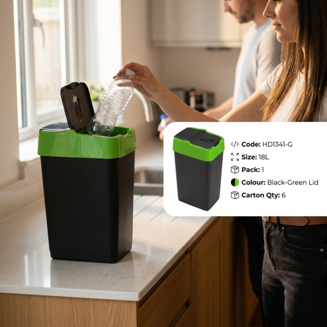 Plastic Recyling Bin With Double Swing Lid 18L With Green Lid BINS & BUCKETS image