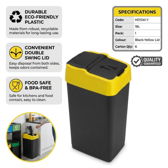 Plastic Recyling Bin With Double Swing Lid 18L With Yellow Lid image