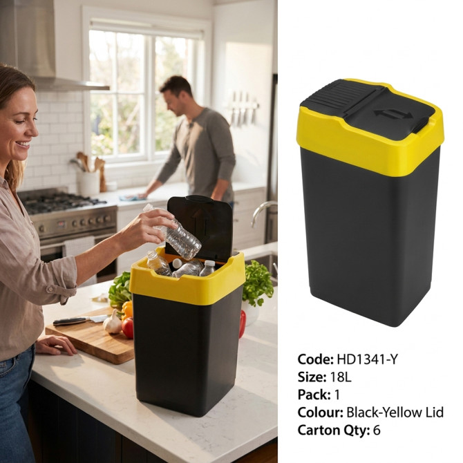 Plastic Recyling Bin With Double Swing Lid 18L With Yellow Lid image