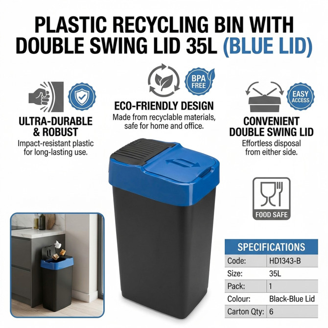 Plastic Recyling Bin With Double Swing Lid 35L With Blue Lid BINS & BUCKETS image