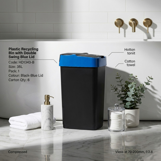 Plastic Recyling Bin With Double Swing Lid 35L With Blue Lid BINS & BUCKETS image