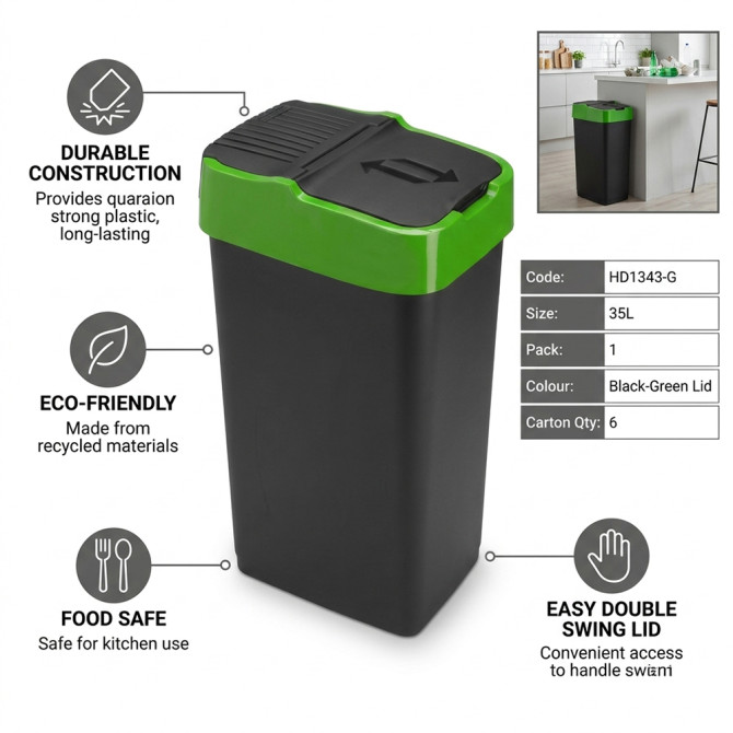 Plastic Recyling Bin With Double Swing Lid 35L With Green Lid BINS & BUCKETS image