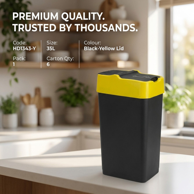 Plastic Recyling Bin With Double Swing Lid 35L With Yellow Lid image