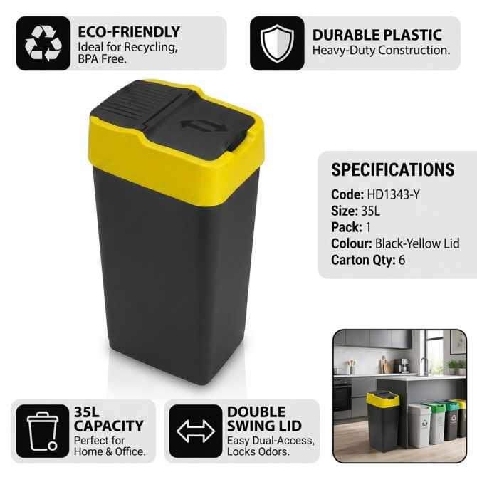 Plastic Recyling Bin With Double Swing Lid 35L With Yellow Lid image