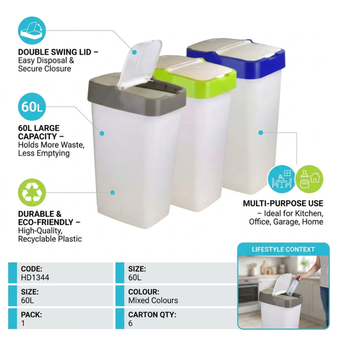 Plastic Recyling Bin With Double Swing Lid 60L BINS & BUCKETS image