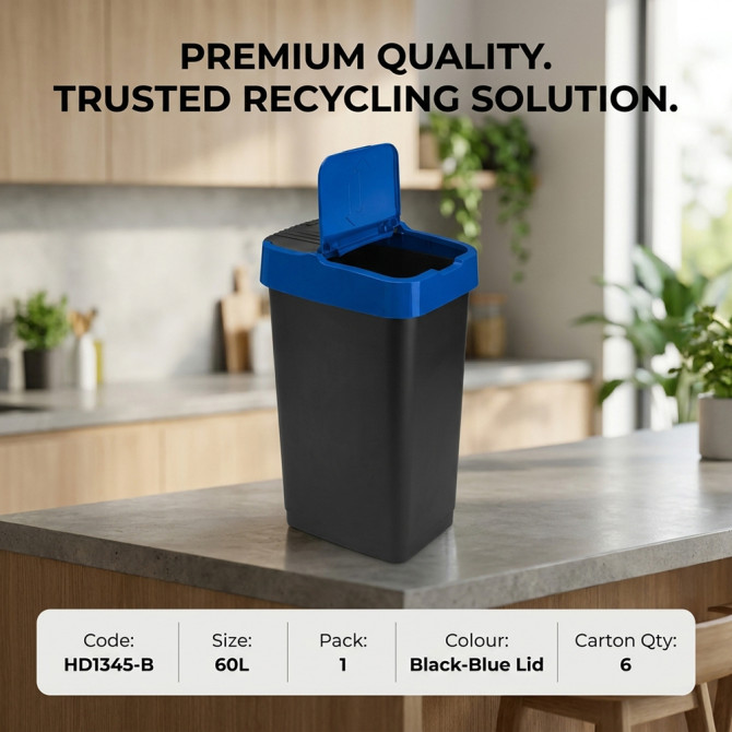 Plastic Recyling Bin With Double Swing Lid 60L With Blue Lid image