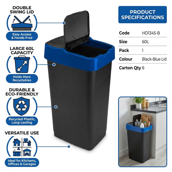 Plastic Recyling Bin With Double Swing Lid 60L With Blue Lid image