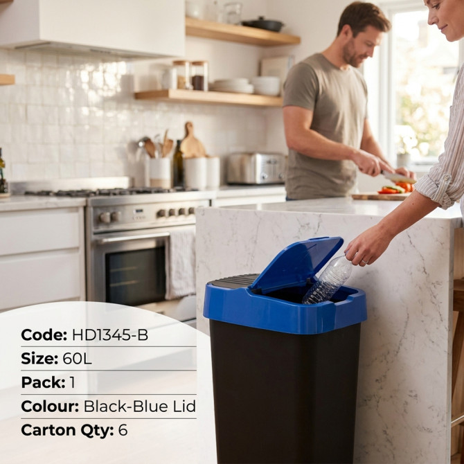 Plastic Recyling Bin With Double Swing Lid 60L With Blue Lid image