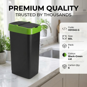 Plastic Recyling Bin With Double Swing Lid 60L With Green Lid