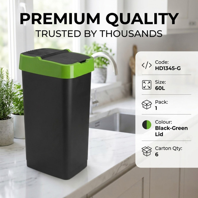 Plastic Recyling Bin With Double Swing Lid 60L With Green Lid BINS & BUCKETS image
