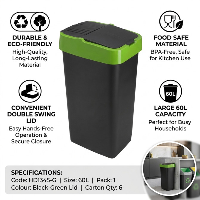 Plastic Recyling Bin With Double Swing Lid 60L With Green Lid BINS & BUCKETS image